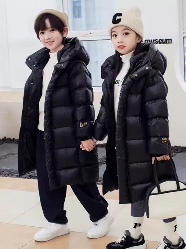 2025新款黑金加厚连帽儿童羽绒服冬季过膝男女童小火山白鸭绒韩版