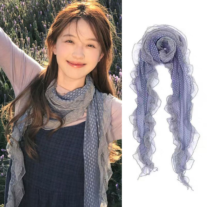 丝巾女韩系可爱荷叶边文艺围脖明星同款夏季透气波点两色复古蕾丝