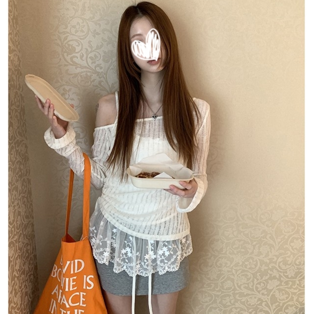 艺等YIDENG 春季新款辣妹性感chic风蕾丝T恤拼接T恤修身百搭上衣