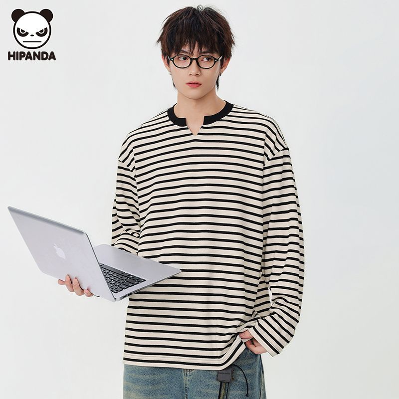 Hi Panda长袖T恤男装商务文艺小V领秋季宽松日系条纹休闲打底上衣