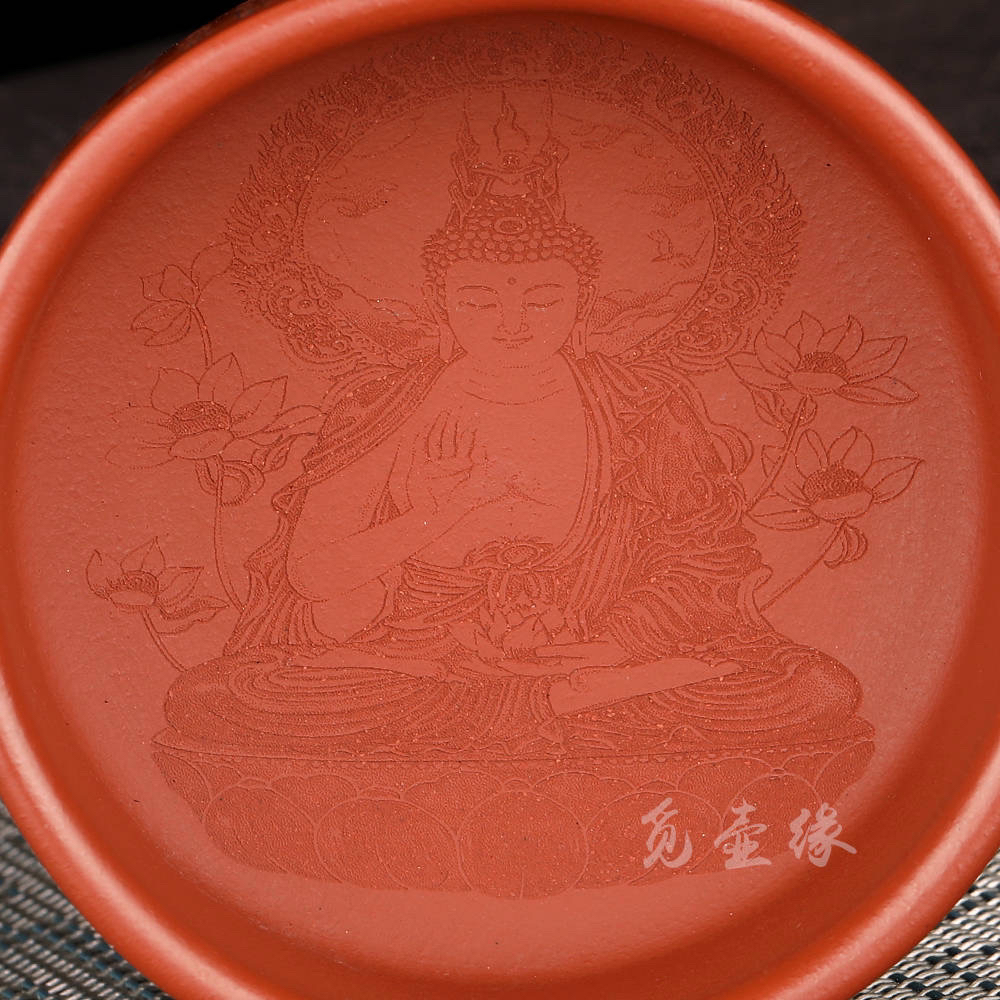 宜兴紫砂原矿朱泥普洱杯心经内刻佛祖容量100c