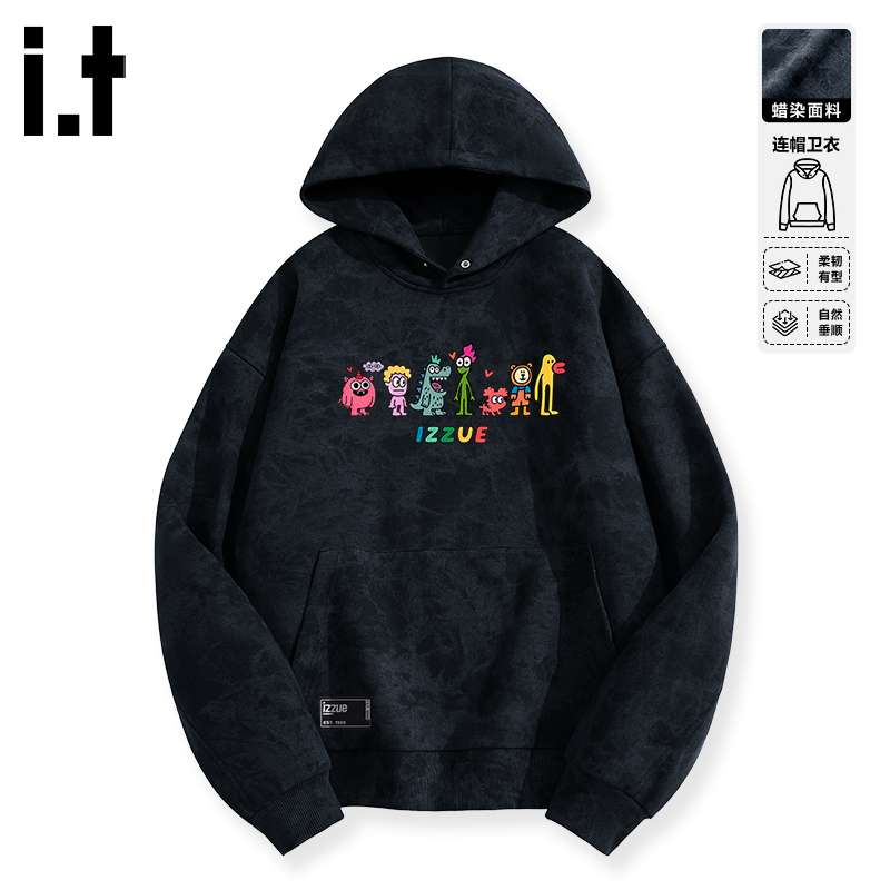 i.t izzue重磅连帽卫衣秋潮牌美式休闲帽衫复古蜡染宽松痞帅上衣B