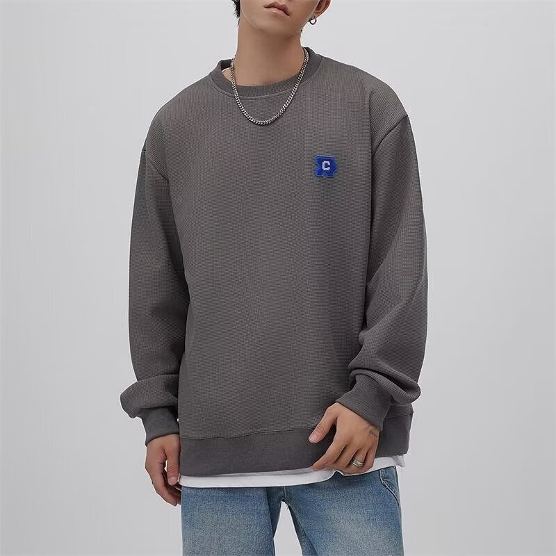 W38-BY春秋季华夫格长袖圆领休闲卫衣男潮流宽松百搭T恤打底衫