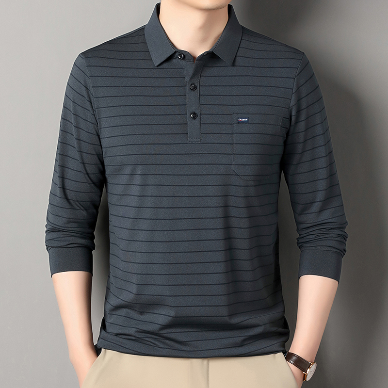 2025春季新款翻领长袖T恤宽松男装真口袋条纹 polo衫休闲打底上衣