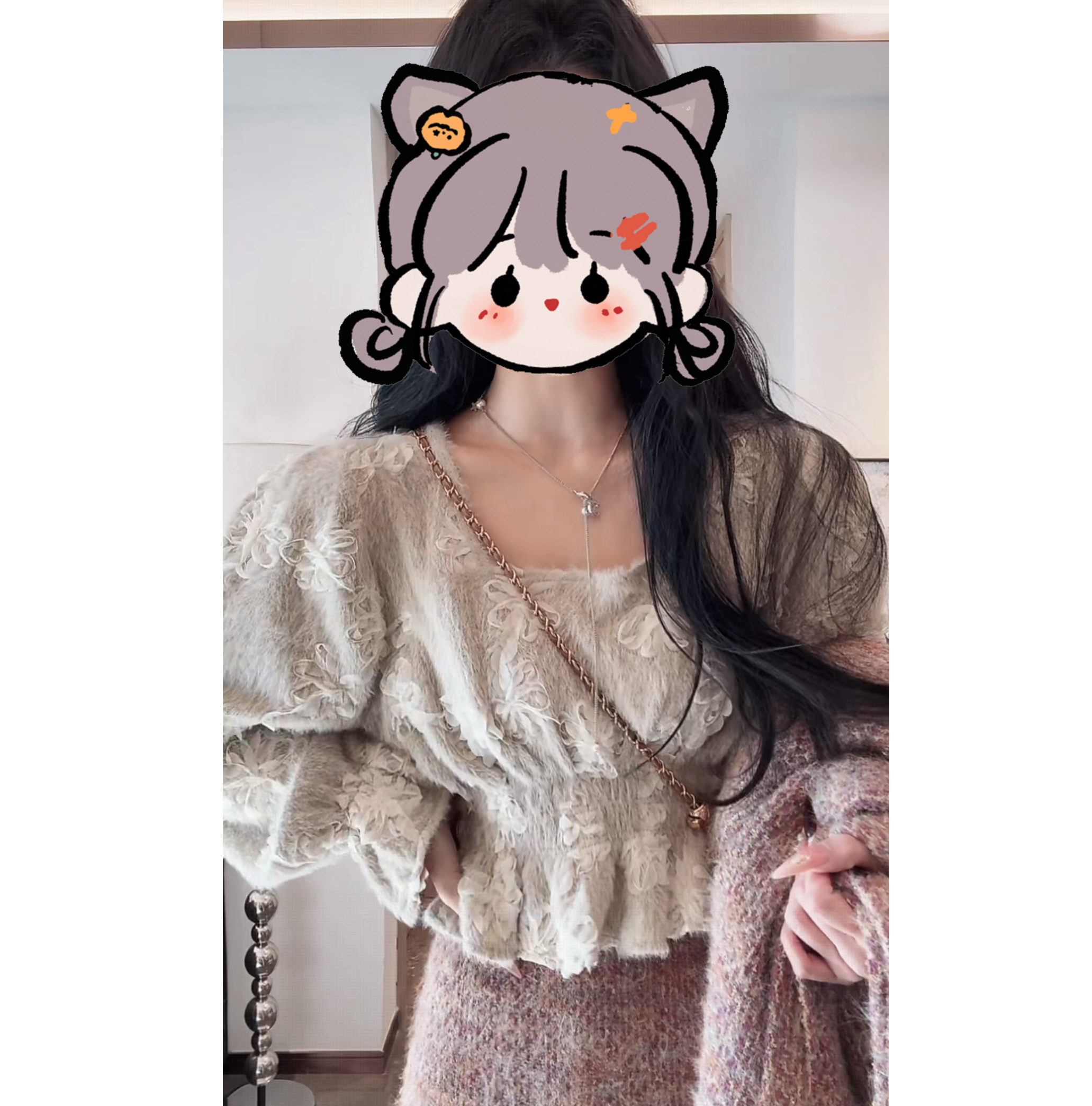 【XU·JING】深杏色重工水貂绒花朵收腰泡泡袖花边上衣