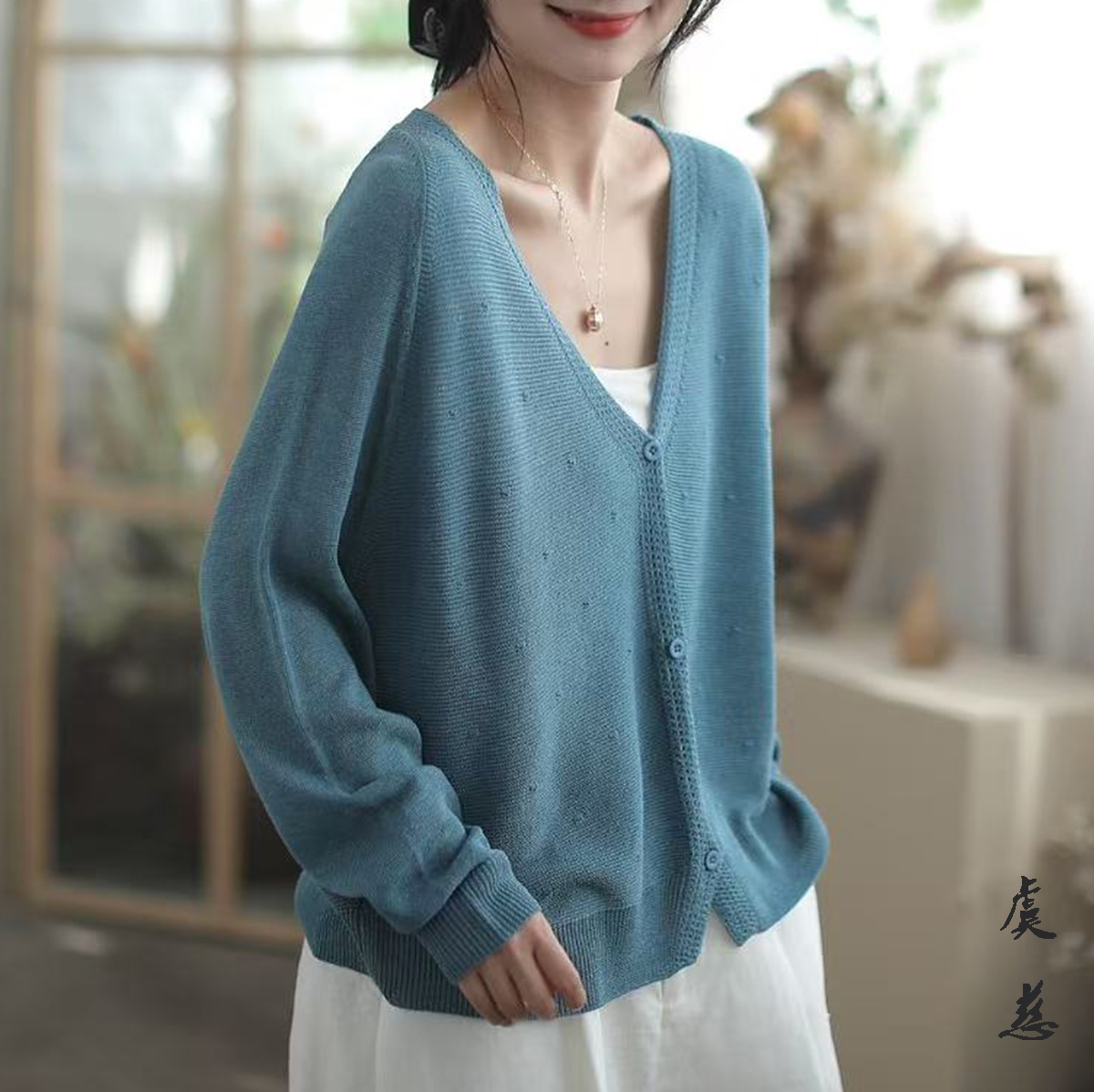 【虞慈】MY075文艺纯色小点点春夏薄针织长袖开衫