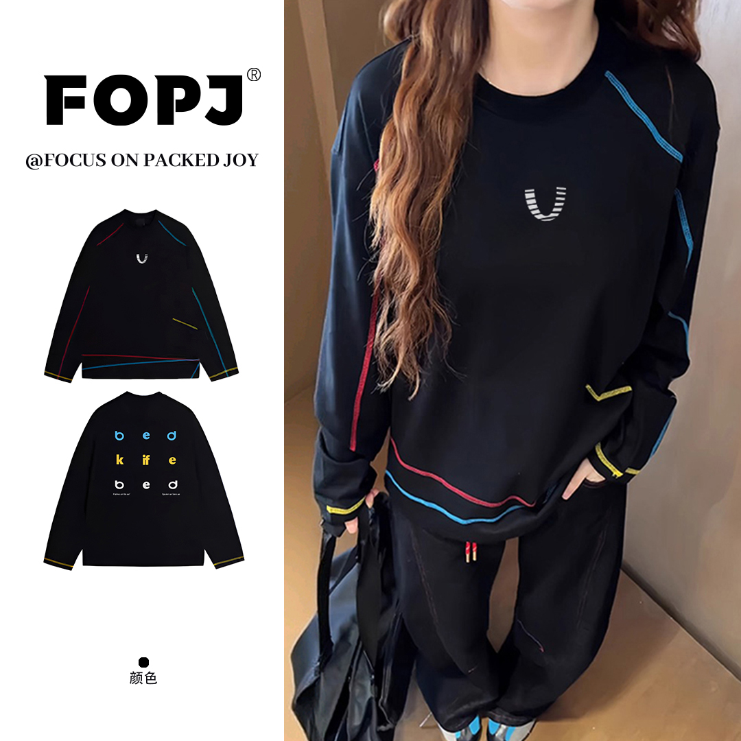 FOPJ速干学院风彩色不规则复古撞色拼接字母长袖t恤女设计感上衣