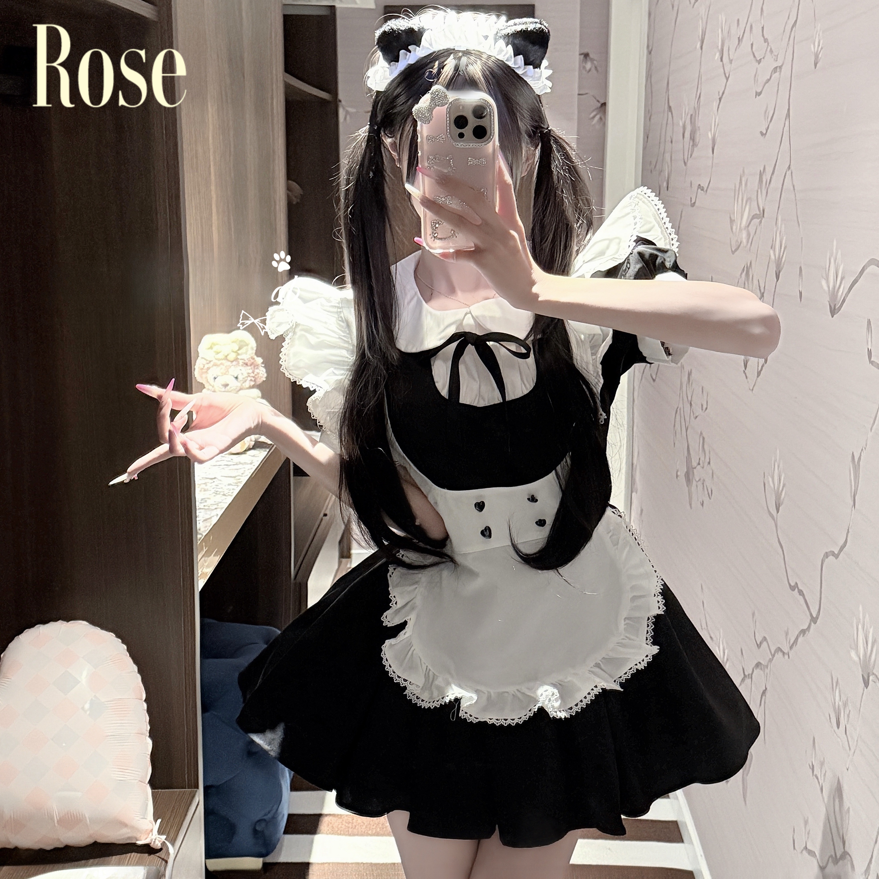 Rose*喵仆契约*大码*日系黑白爱心扣飞袖狗短女仆装Lolita连衣裙