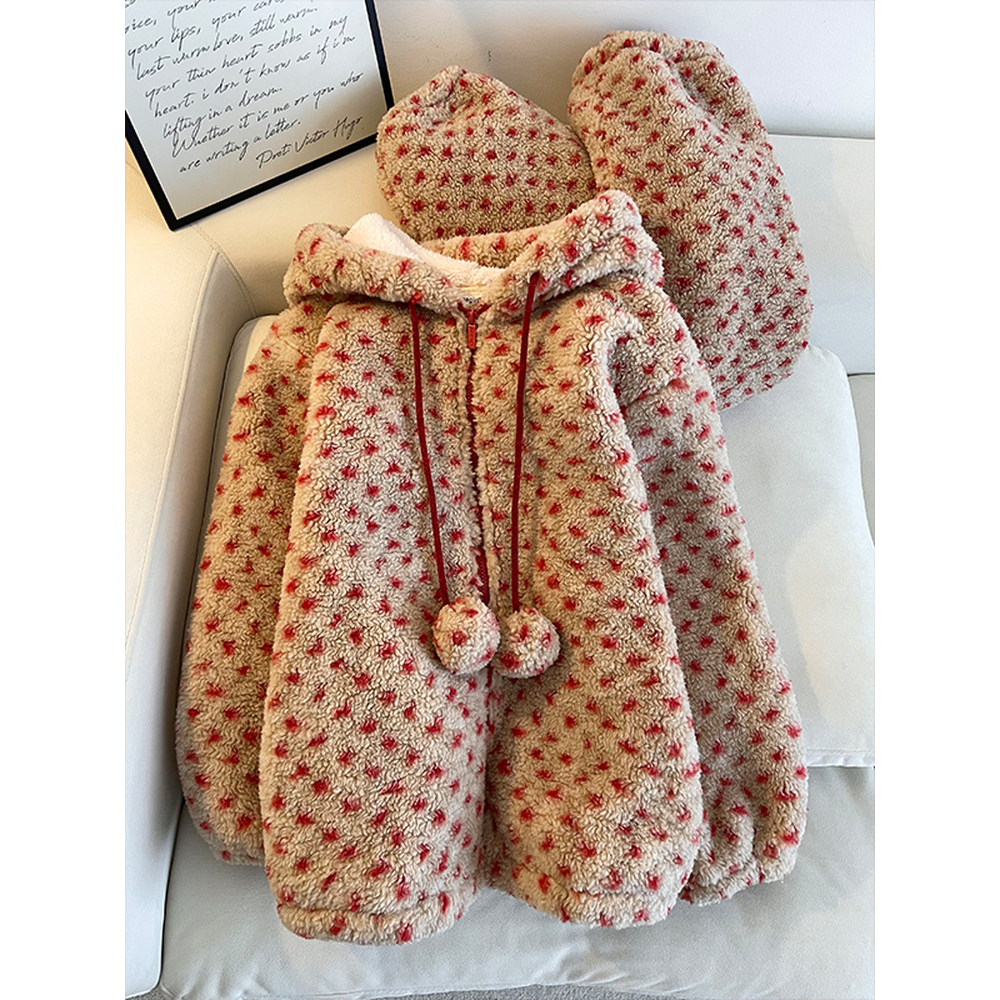 韩版波点连帽珊瑚绒睡衣女秋冬新款加厚外套保暖毛茸茸家居服套装