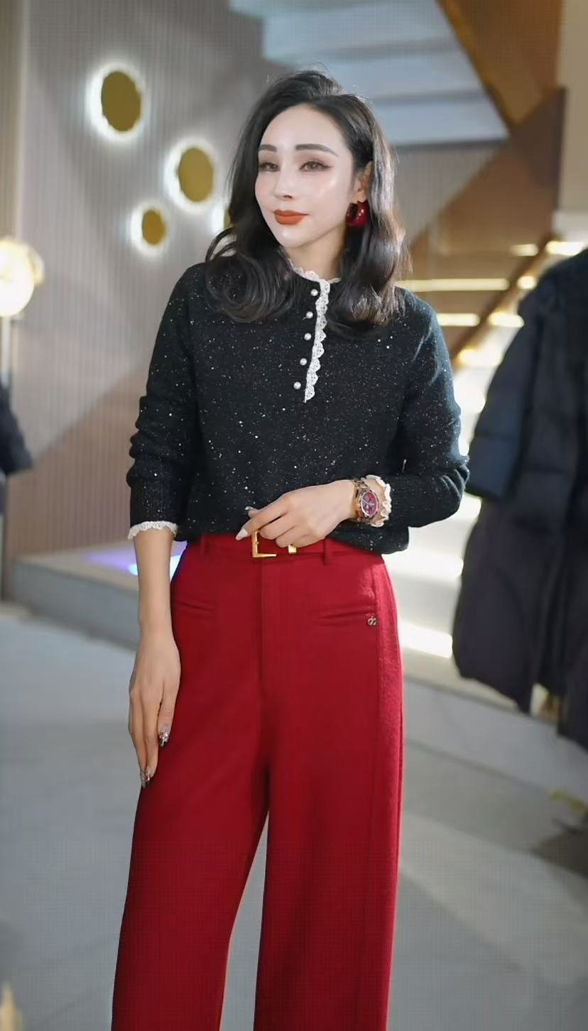 时尚百搭保暖满天星珠片纱中领花边领女士上衣打底毛衣W9830369