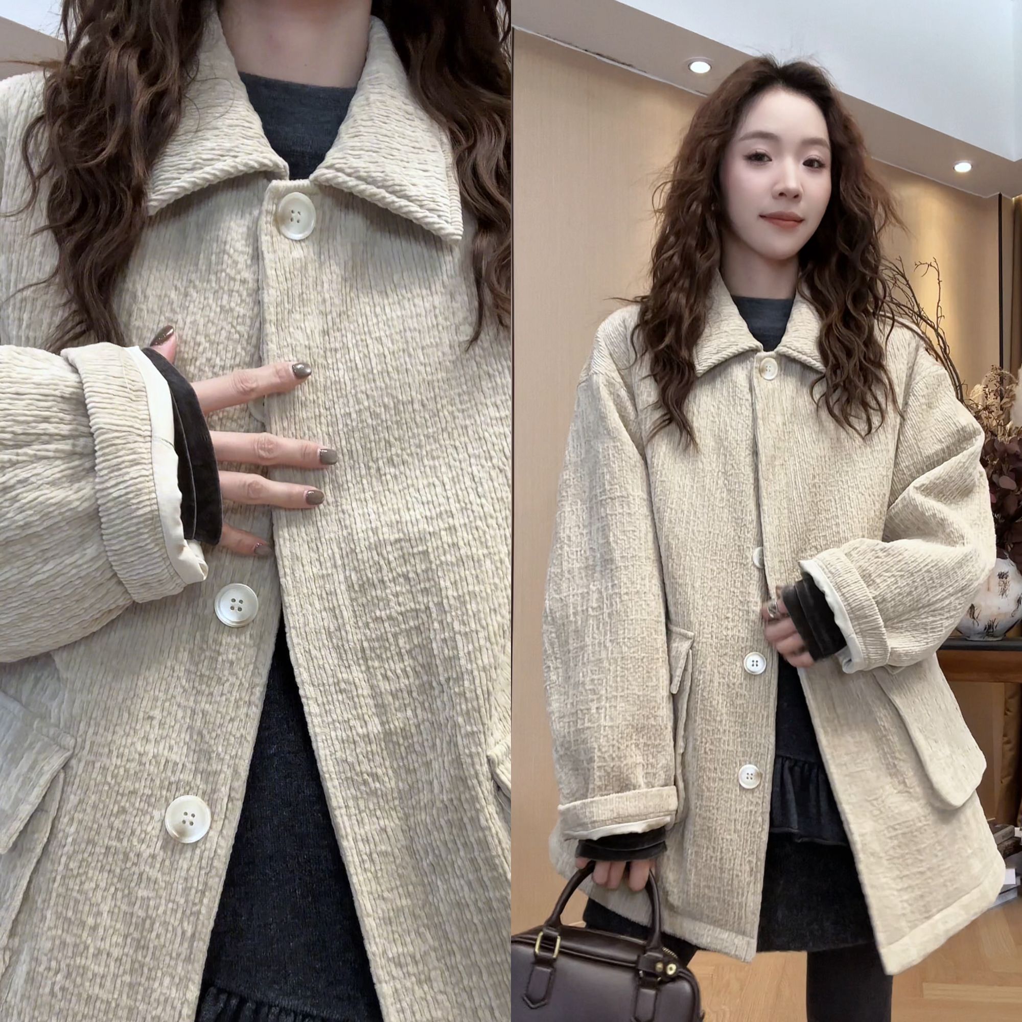 小静静一会【云雾皱肌理外套】2025冬季新款百搭翻领外套 2512C9368