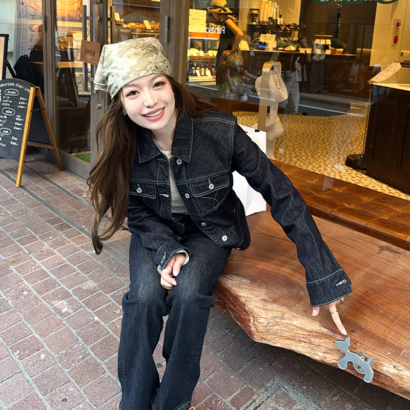 复古美式原牛深蓝牛仔套装撞色牛仔外套修身显瘦直筒裤时尚两件套