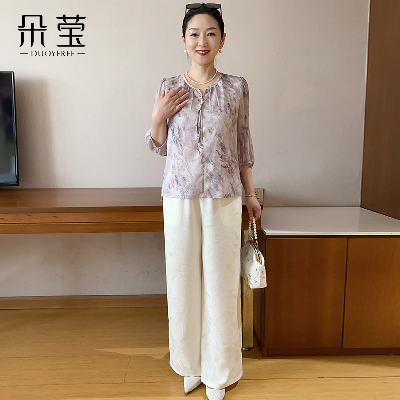 新品推荐洋气妈妈装七分袖小衫套装中年女中老年气质上衣裤两件套