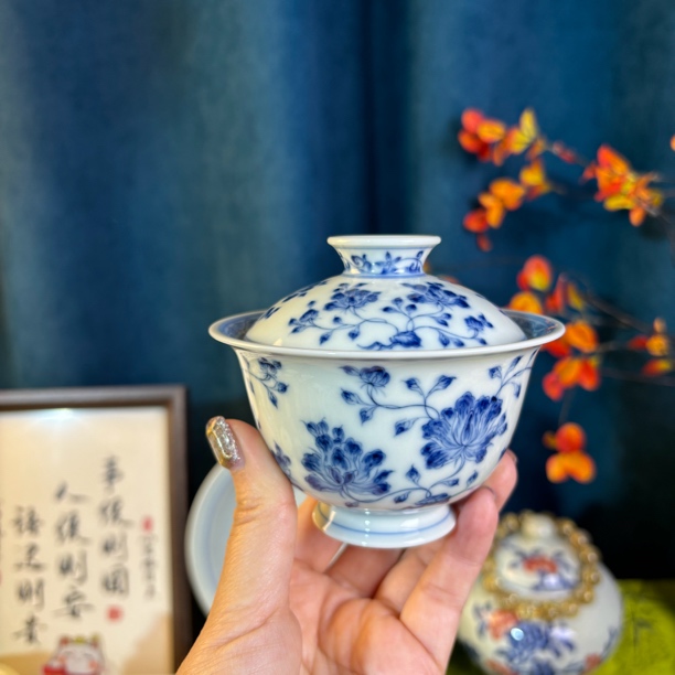 广琛公柴窑—青花山茶花盖碗