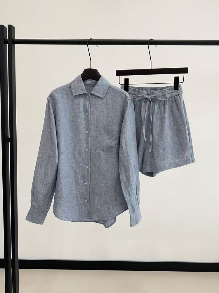 B.Glamar 老钱风高级感气质宽松蓝色亚麻衬衫长裤短裤