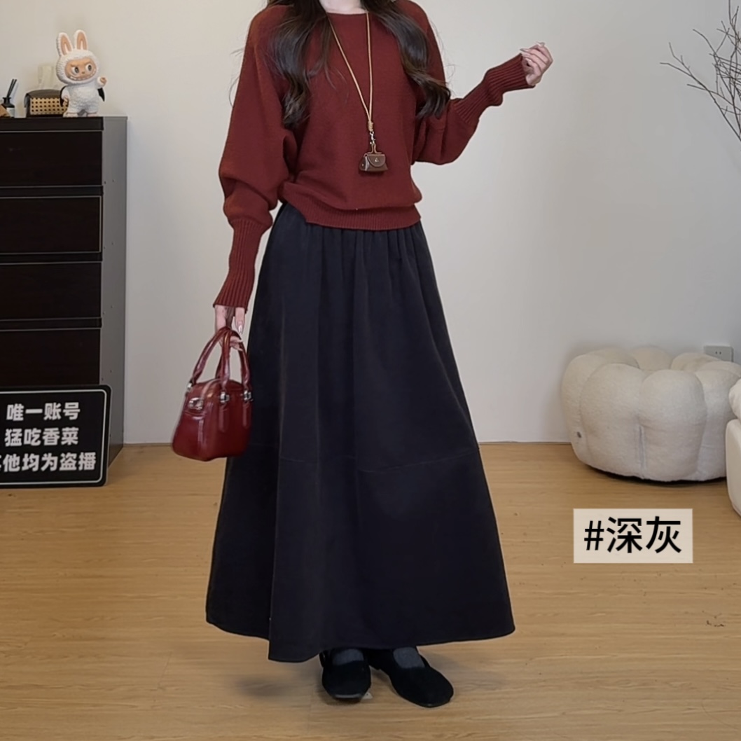 【清仓】韩系设计感灯芯绒弯刀裙秋冬糖果色松紧腰带口袋半身裙