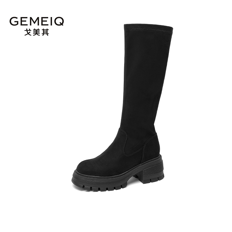 GEMEIQ/戈美其冬季甜美风粗跟长筒靴加绒保暖过膝女靴子时尚百搭
