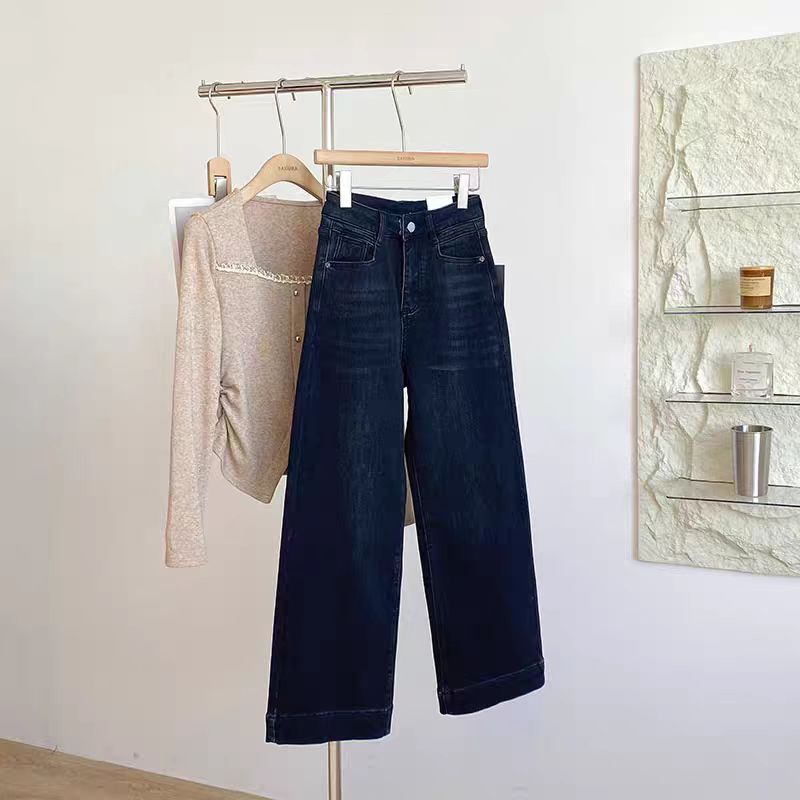 【蓝色植绒】直筒裤百搭高腰显瘦阔腿奶奶牛仔裤