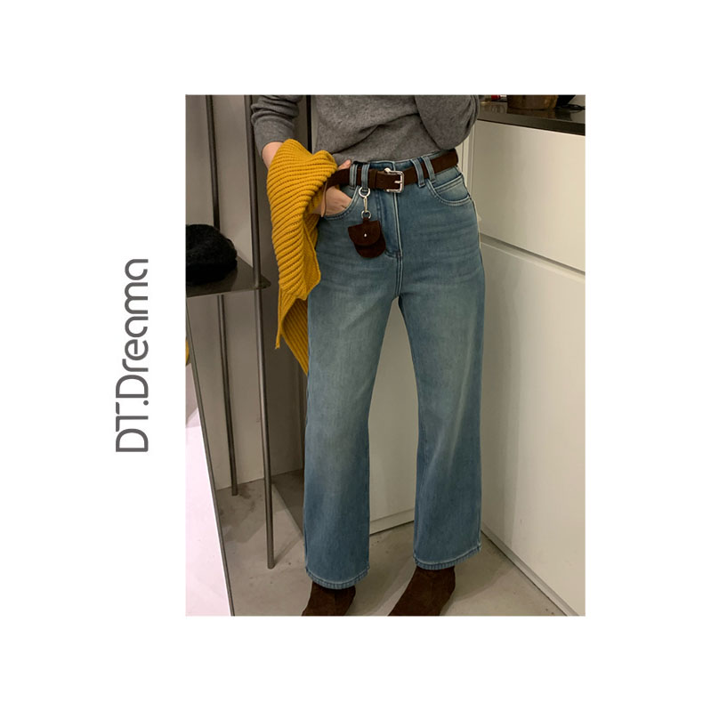 秋冬2025新款加绒女小个子高腰显瘦直筒裤阔腿裤复古阔腿牛仔裤女
