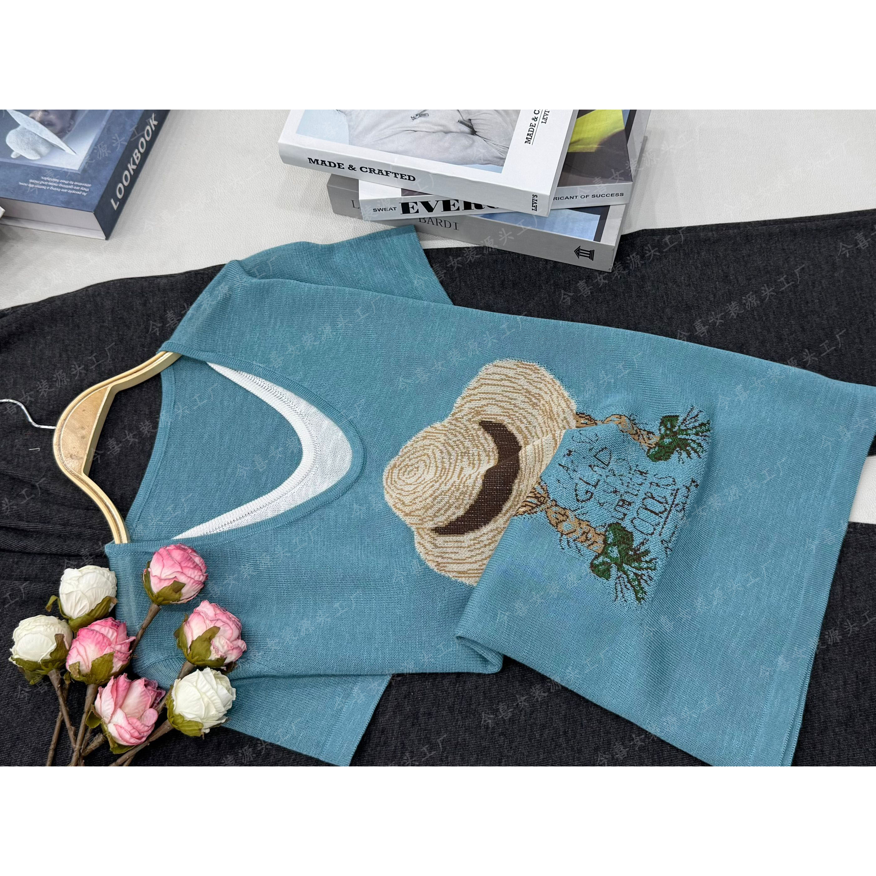 【湖蓝色草帽假两件】新款时尚短袖套头上衣QC2947