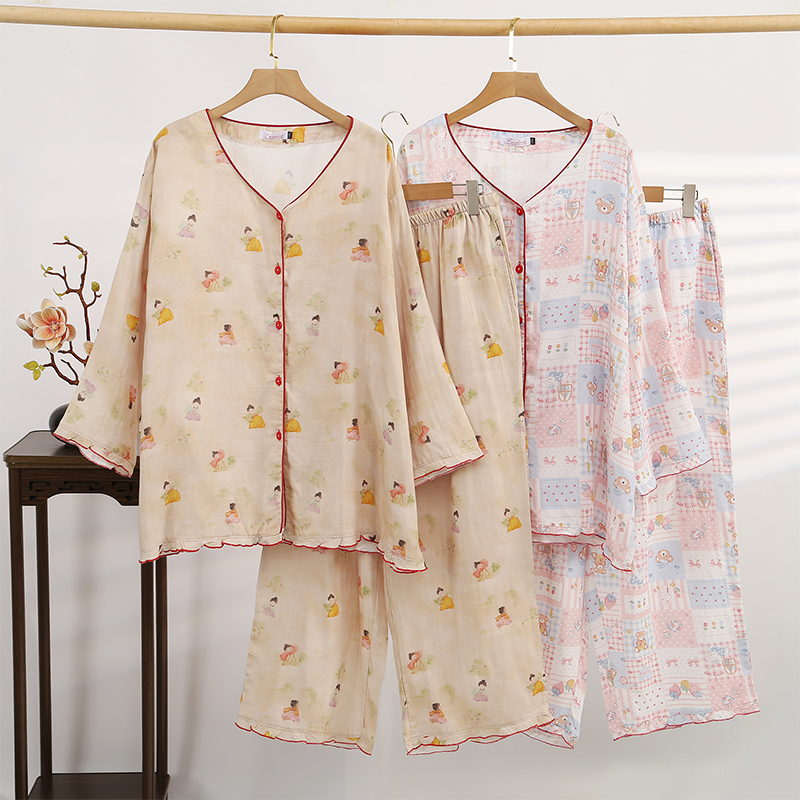 胖MM200斤春秋加大码开衫睡衣女长袖长裤V领纯棉双层纱孕妇家居服