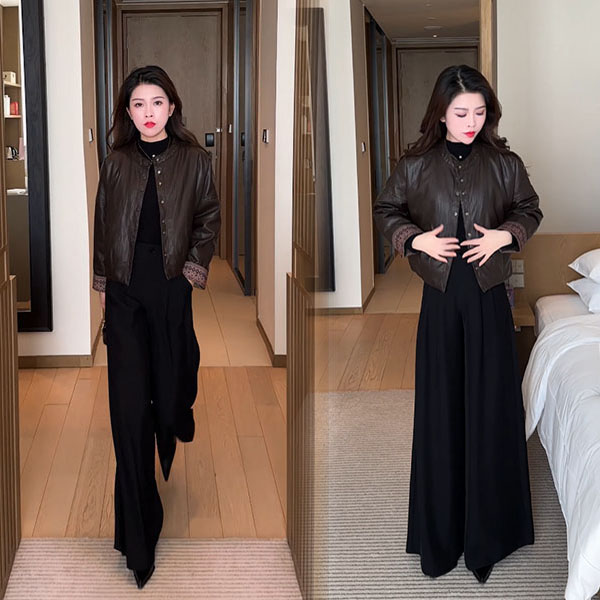 2025圆领冬季立领时尚复古港风皮衣显瘦韩版黑色