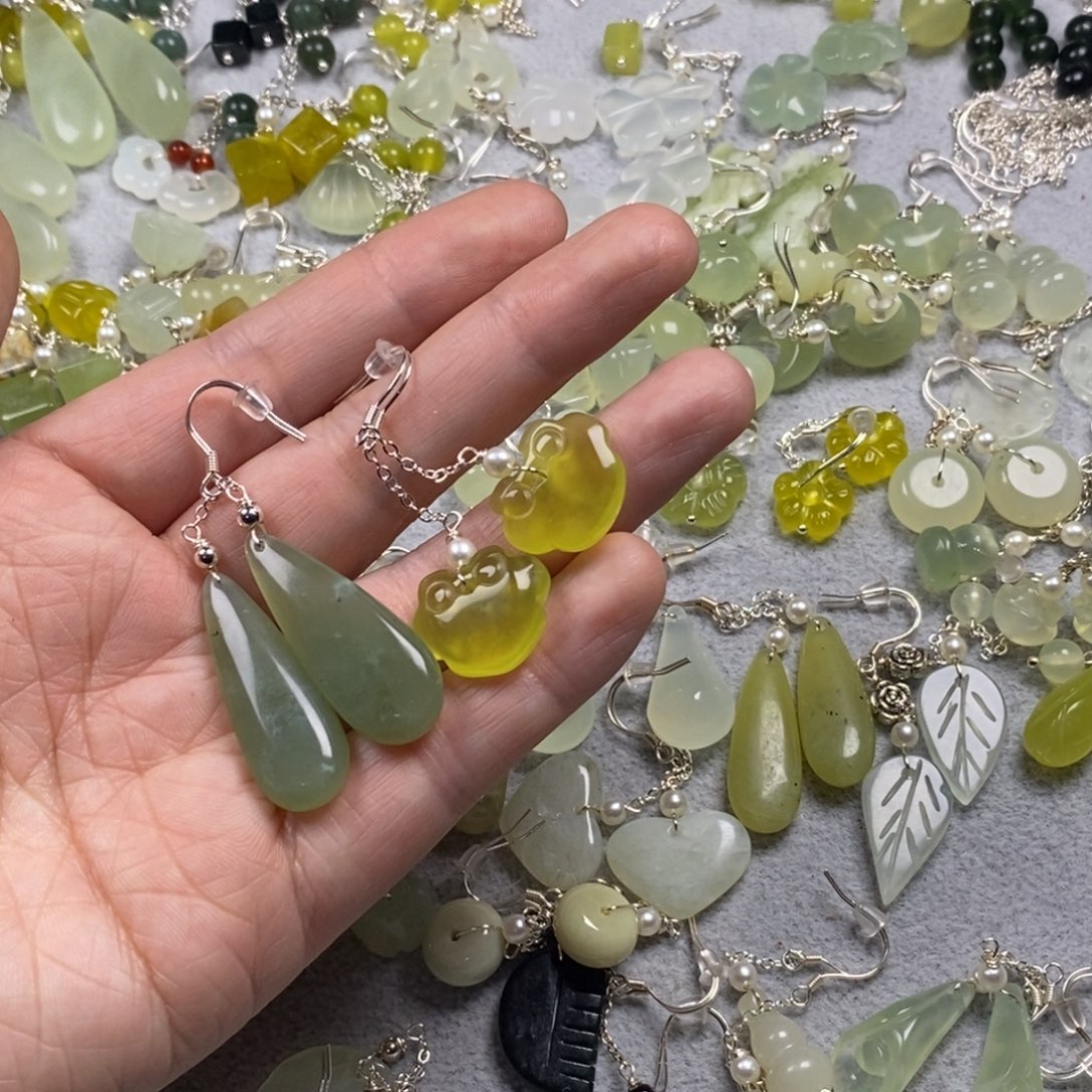 福***堂蛇纹石玉银S925镶嵌挂件耳饰耳环项链