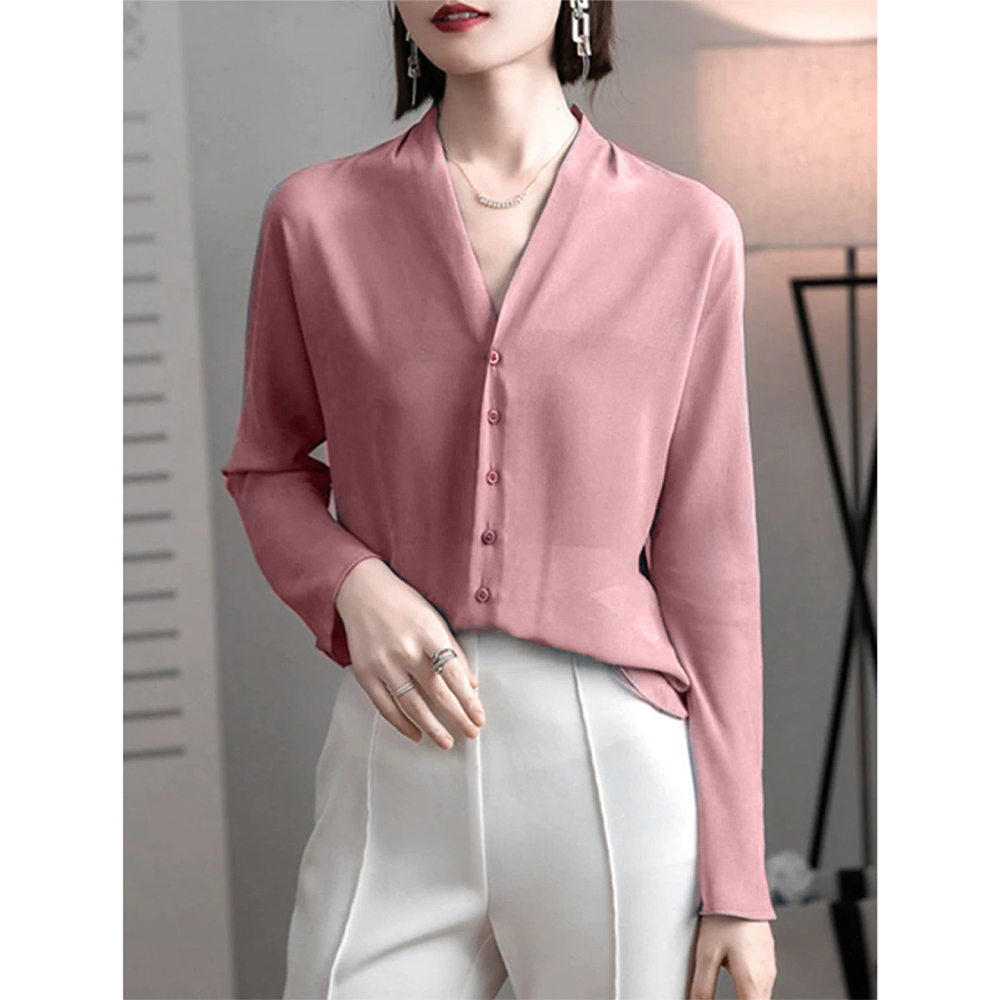 100乔其粉色休闲百搭长袖衬衣女上衣开衫ZK075