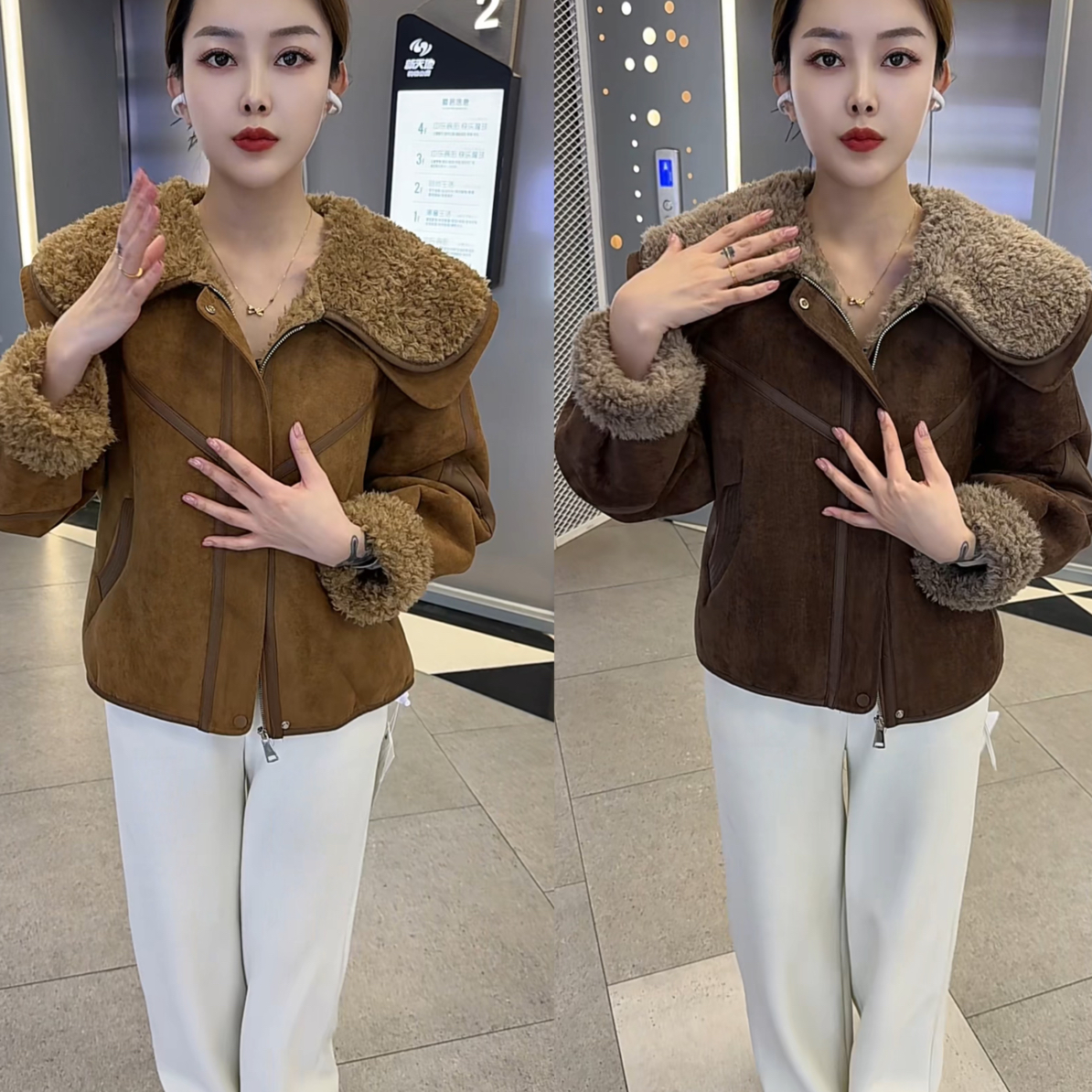 CYM洋气冬季新款双层大翻领Pu拼接加绒加厚保暖百搭女士外套6812