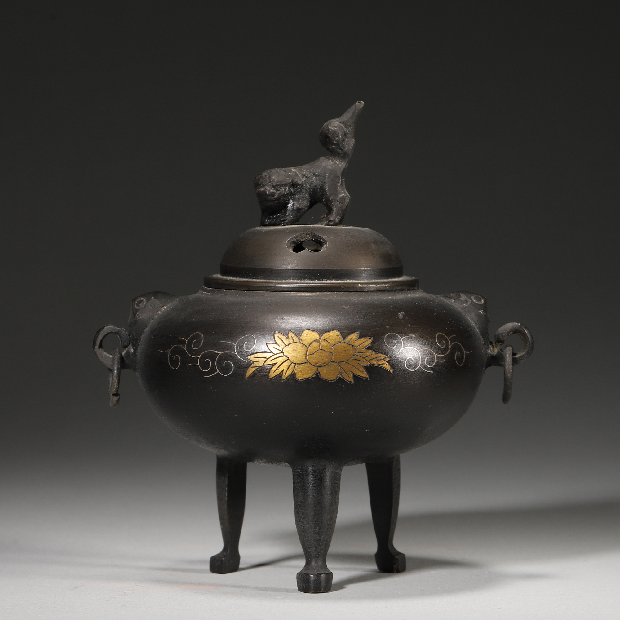 z398/清代 铜错金银花卉纹香熏【华豫之门甄选】