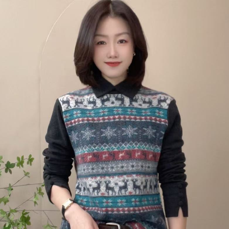 3960冬季新款拼接保暖假两件休闲卫衣女士百搭长袖复古小衫女