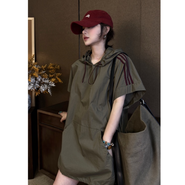 HY1987罗罗复古夏季韩版连帽领宽松腰大码T裙子设计感时尚百搭