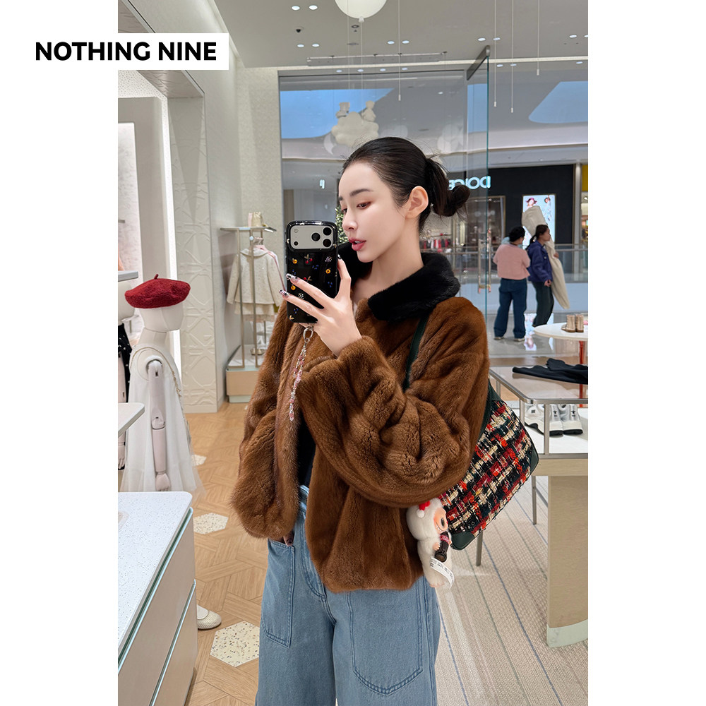 NOTHING NINE 进口丹麦天鹅绒短二小母貂娃娃领外套 领口可拆卸