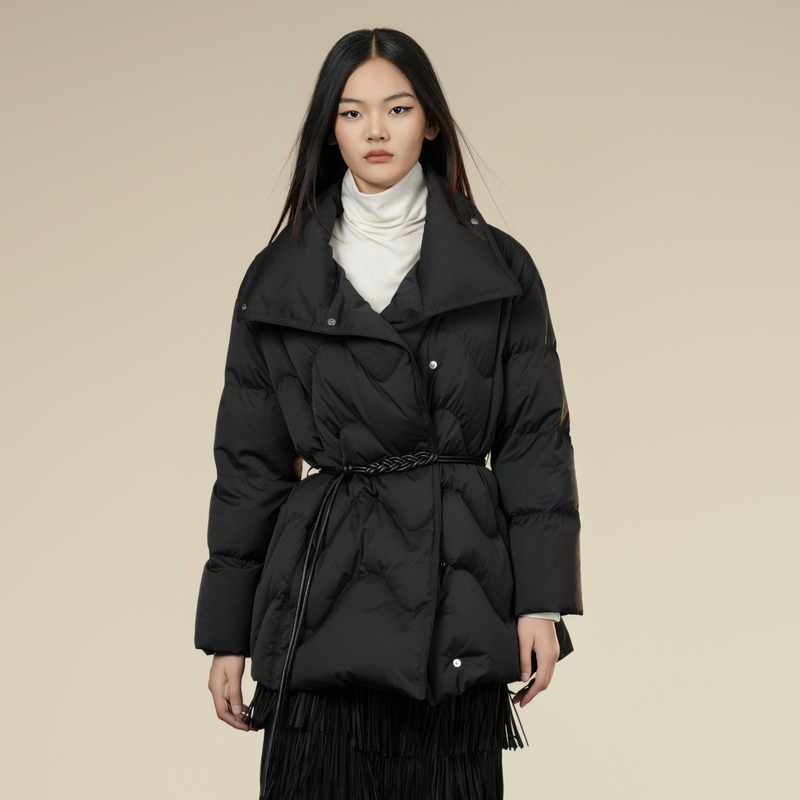 XG雪歌黑色收腰系带羽绒服菱格纹翻领冬季新款一手长保暖百搭外套