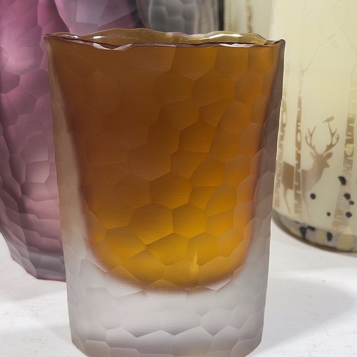 琉璃手工艺品琥珀色磨刻花瓶花器高19口10