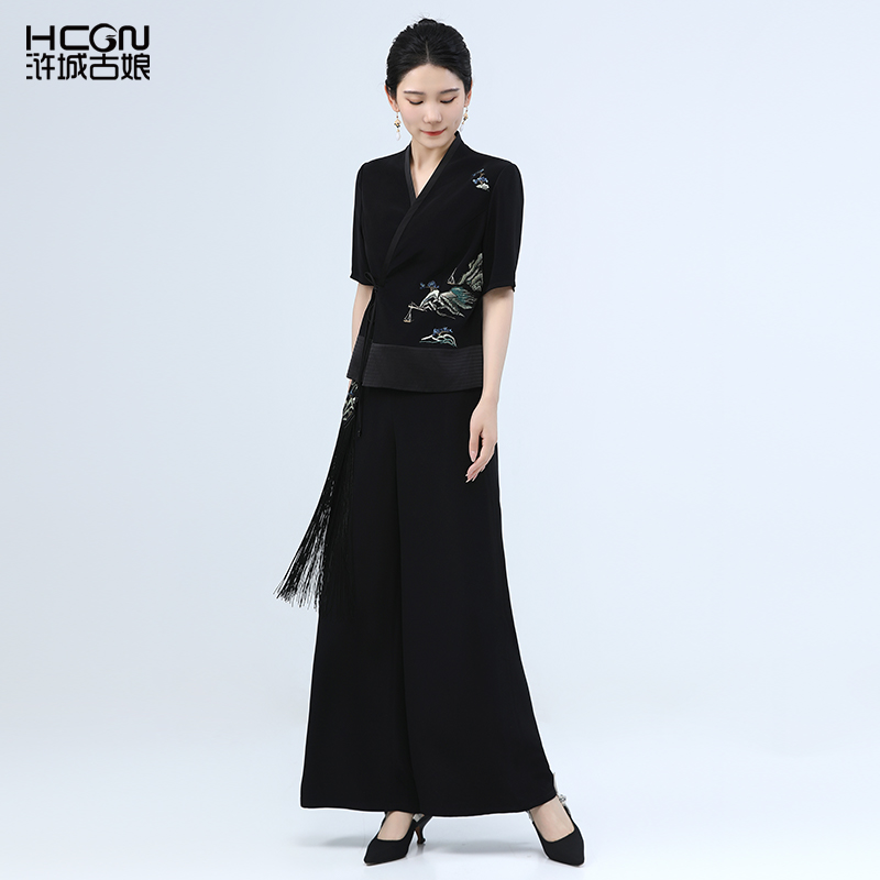 新中式国风醋酸山水套装裤子两件套女装夏装薄BCL181099+BCL19756