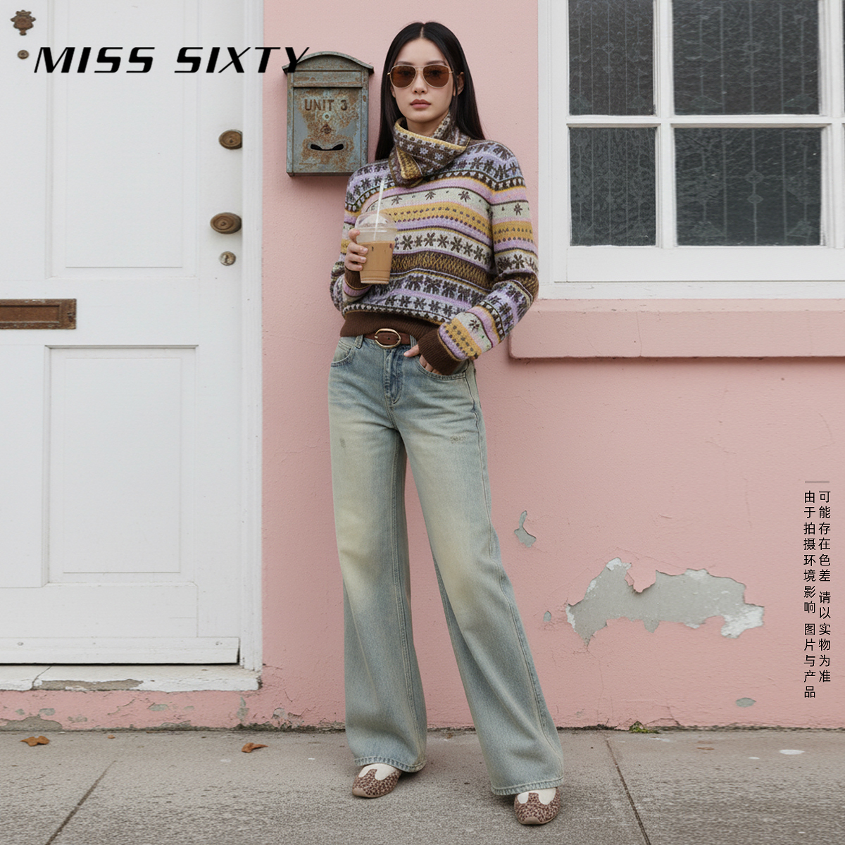 Miss Sixty2026春季新款牛仔裤女中腰复古做旧洗水撞钉显瘦喇叭裤