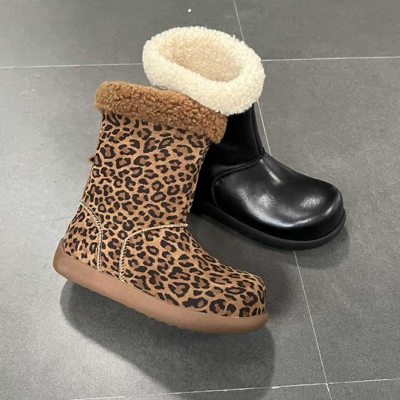 【周大米】冬季中筒保暖豹纹百搭女鞋筒靴中筒女靴时尚雪地靴