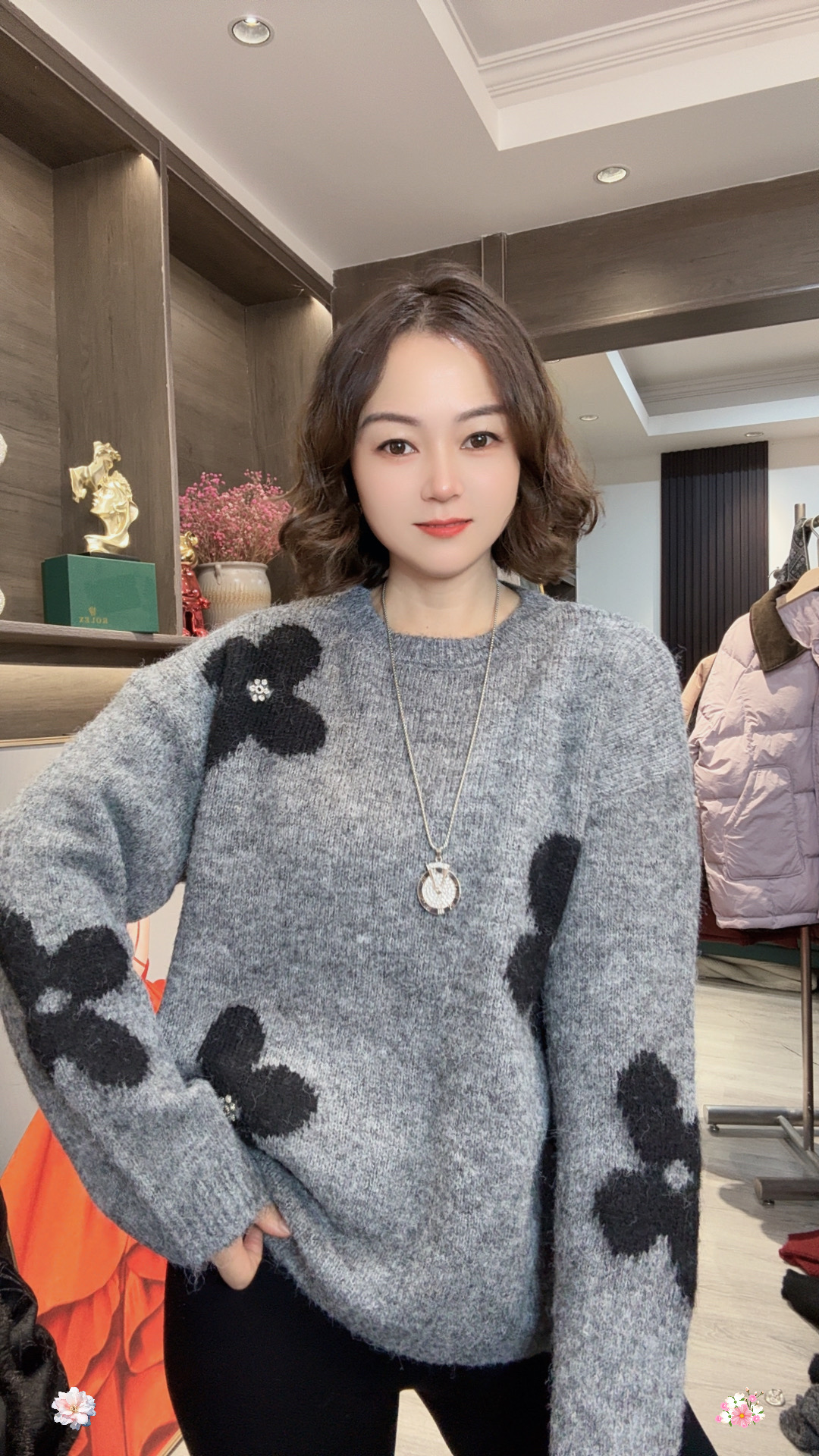 【云烟花朵2134】软糯冬款百搭圆领钉珠时尚宽松休闲毛针织套头上衣