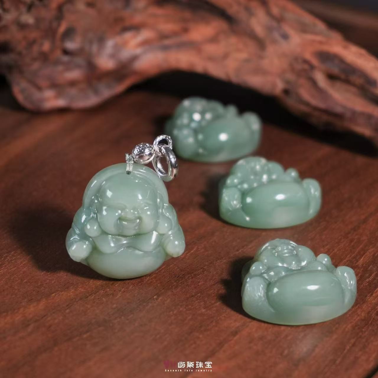 C1393|醒春| 和田玉银925镶嵌  厚镶银扣粉青佛吊坠多样性发一