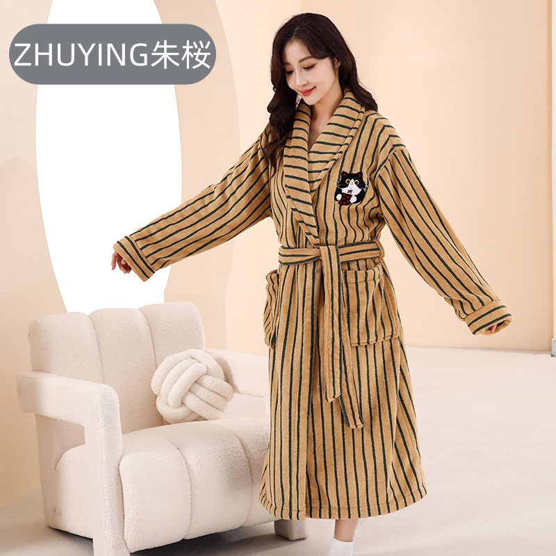 新款长袖浴袍加厚柔软宽松条纹成人男女吸水速干秋冬7A睡袍家居服