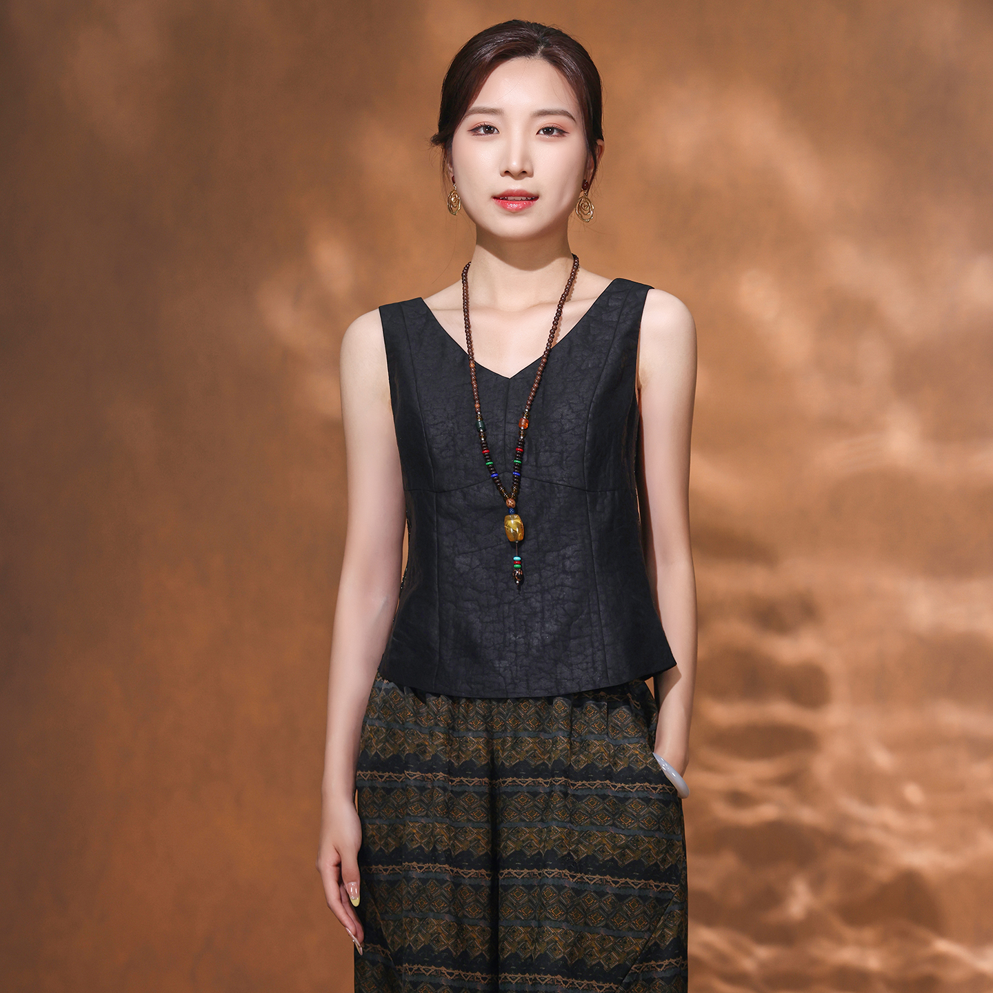  （崔万志国风）100%龟裂纹香云纱 桑蚕丝金丝蕾丝拼接设计款WZ6389