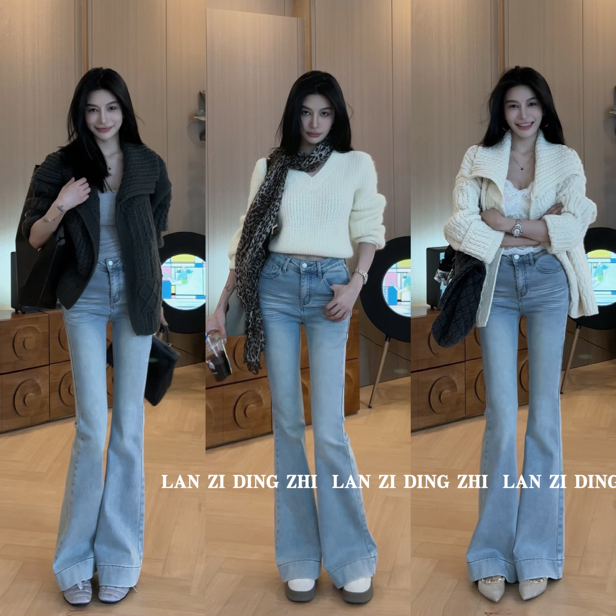 「一路向北」韩版简约百搭甜美浅蓝色显高加绒高腰喇叭牛仔裤