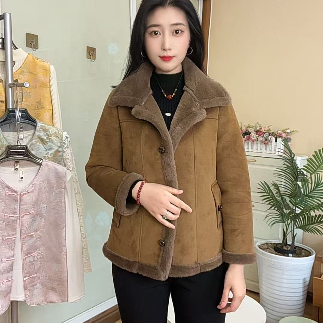欧貂毛麂皮绒皮毛一体外套