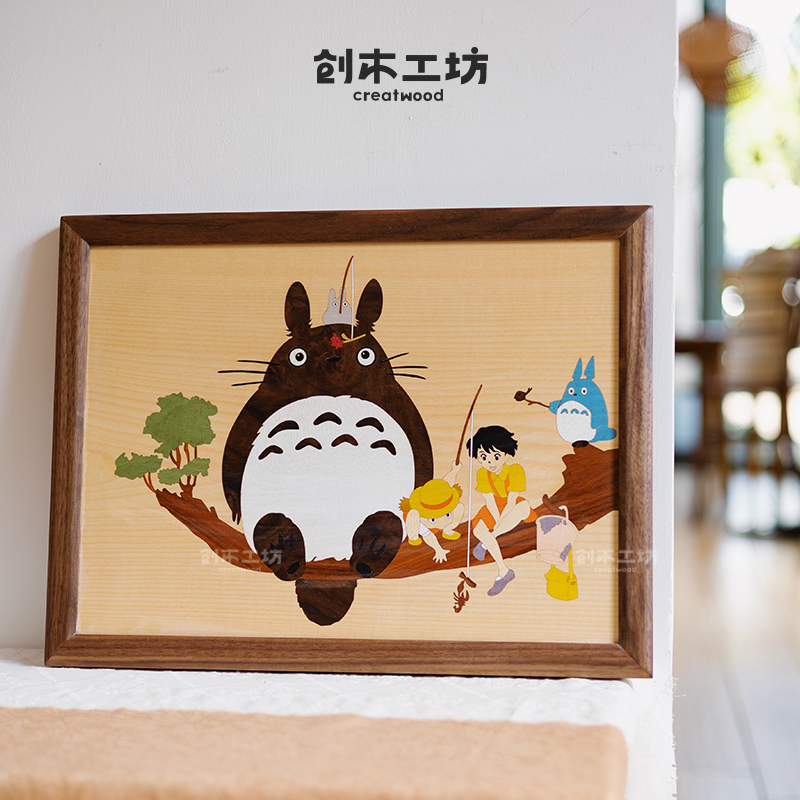 龙猫挂画/实木装饰挂画原木风客厅书房茶室摆件乔迁创意生日礼物