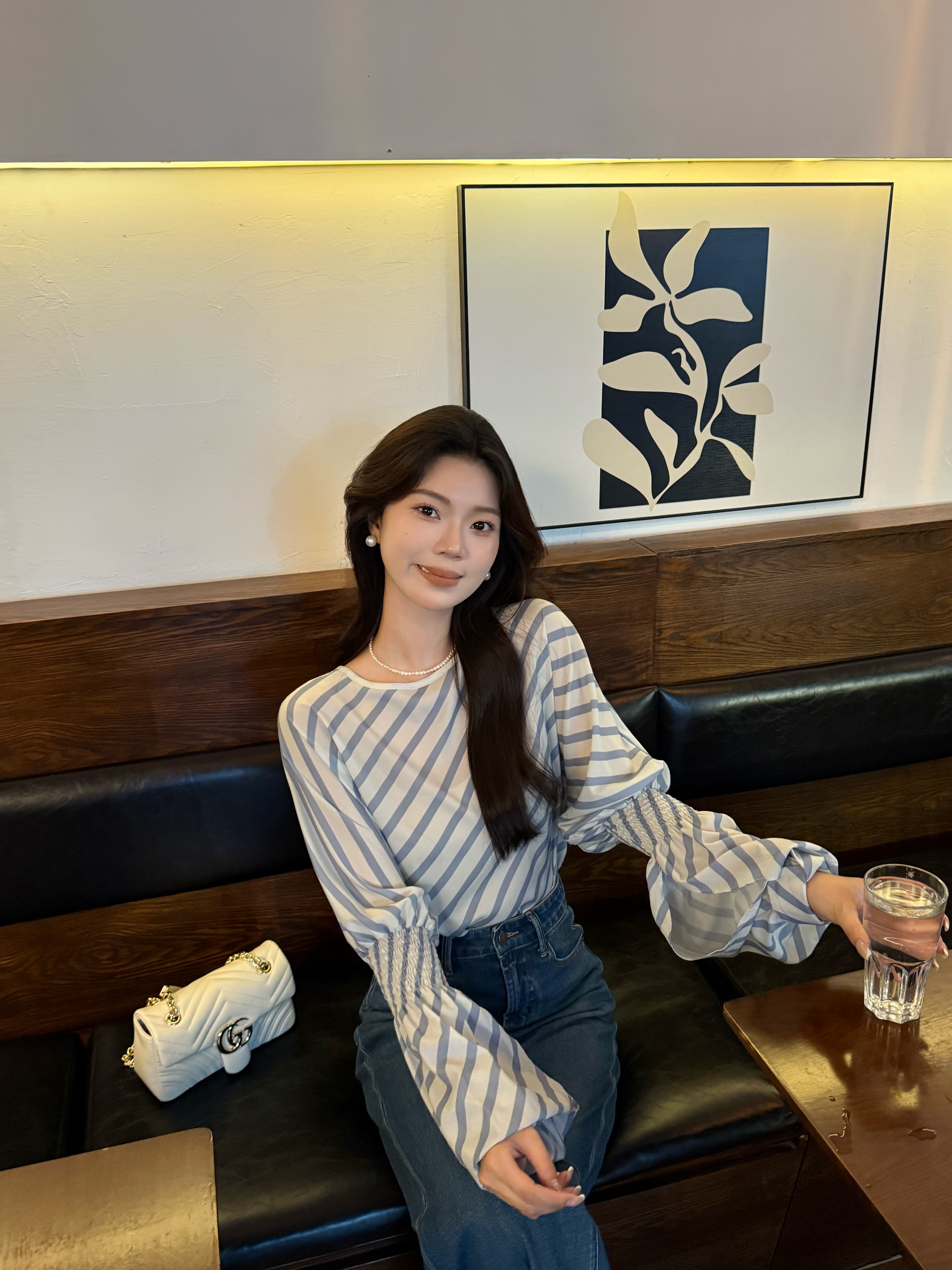 【槿蓝格调】法式气质条纹圆领长袖衬衫女秋季灯笼袖小众设计感上衣