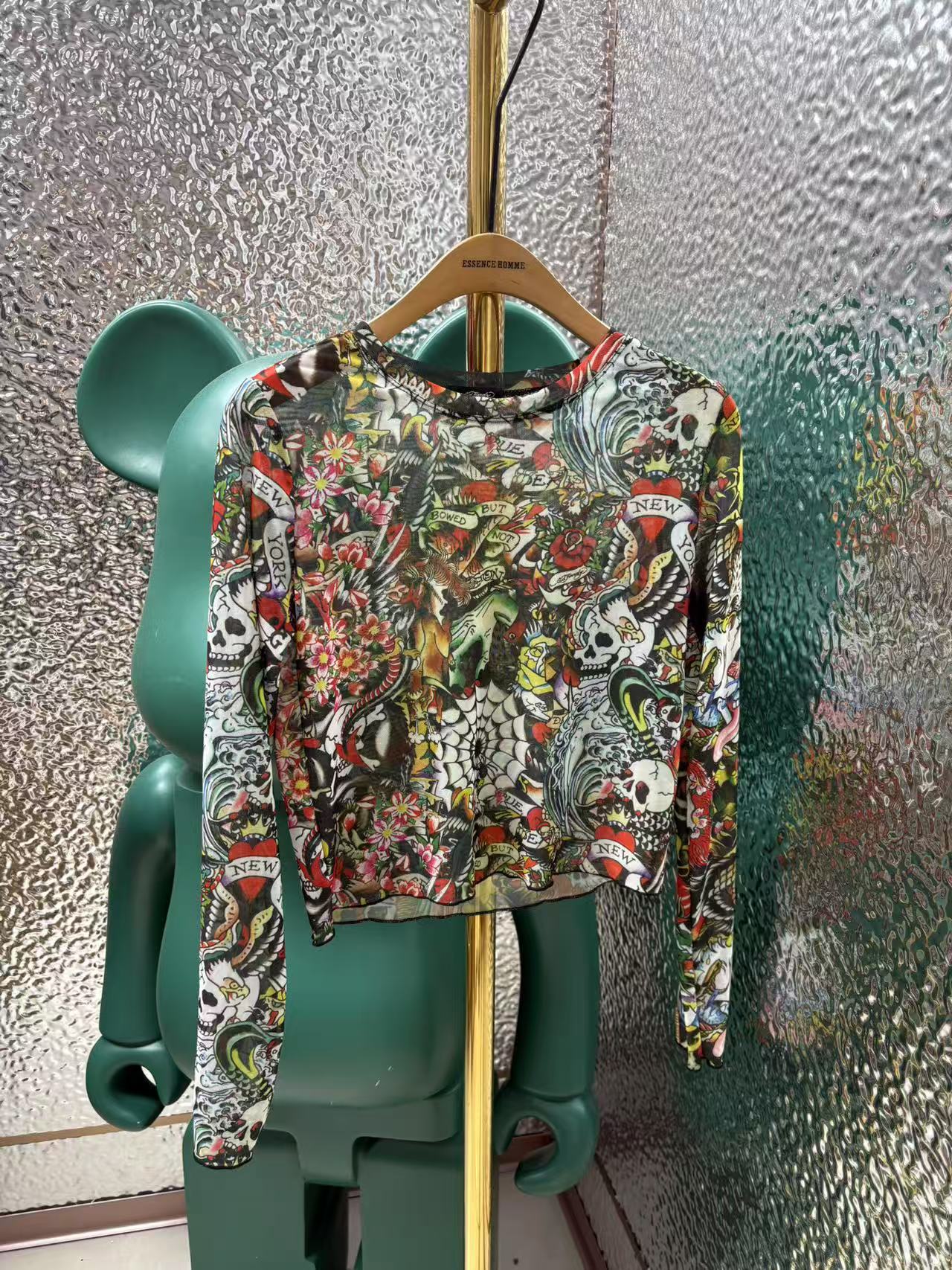 满花印花修身型长袖印花圆领气质纱网套头显瘦女士网红