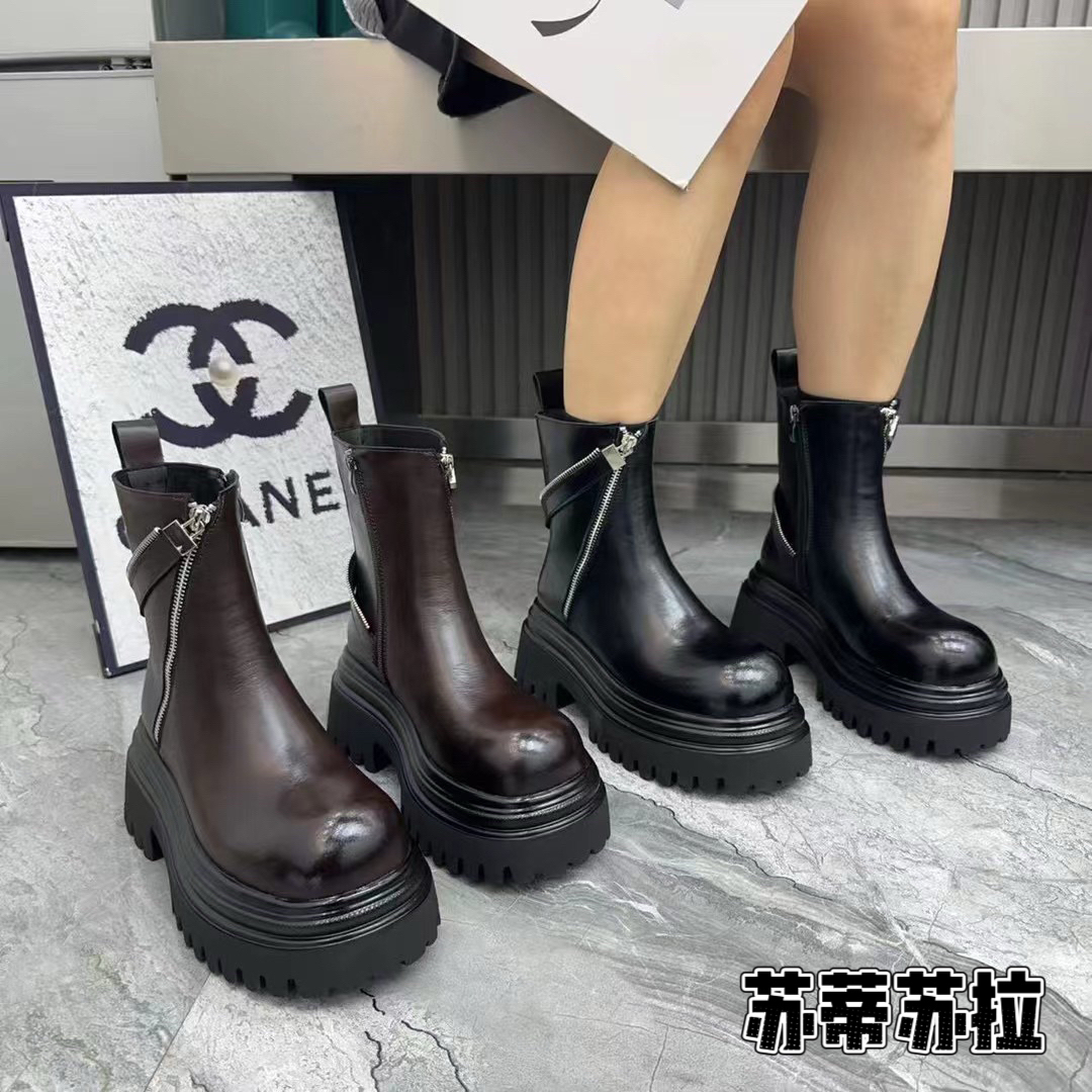 69-15新款秋冬2025厚底烟筒靴女靴马丁靴真皮中筒透气防水台女鞋