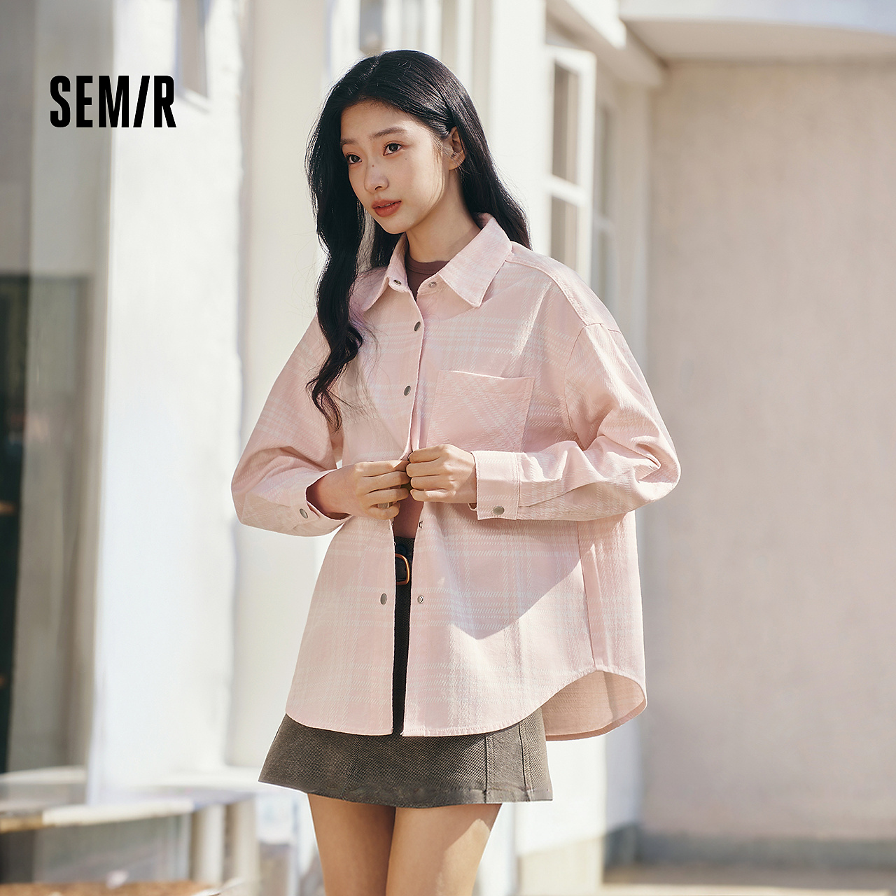 森柔牛仔|森马牛仔衬衫女春中长款oversize落肩长袖格纹街头衬衣