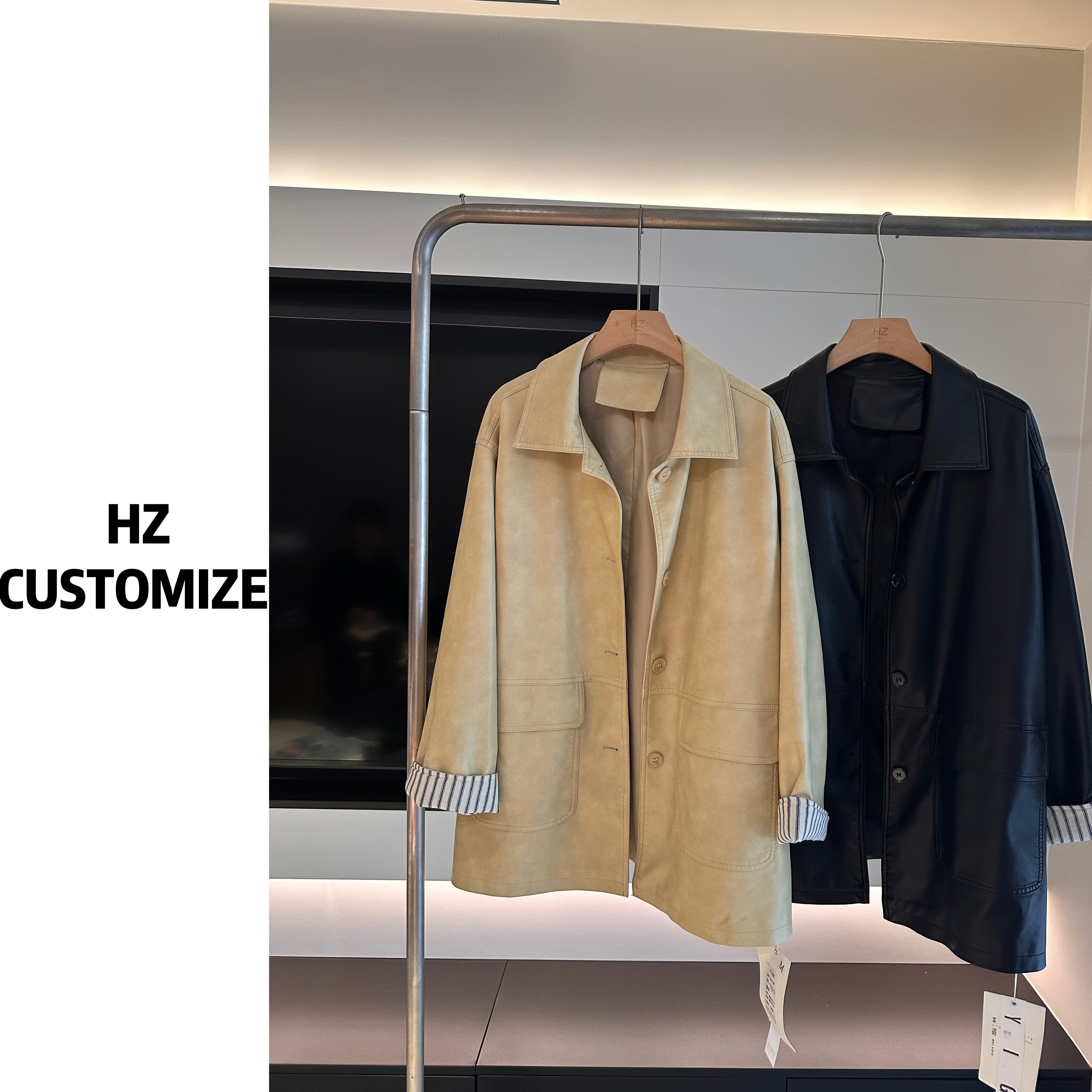 惠惠子甄选【条纹袖中长皮衣】春季新款条纹卷袖外套韩系西装领女